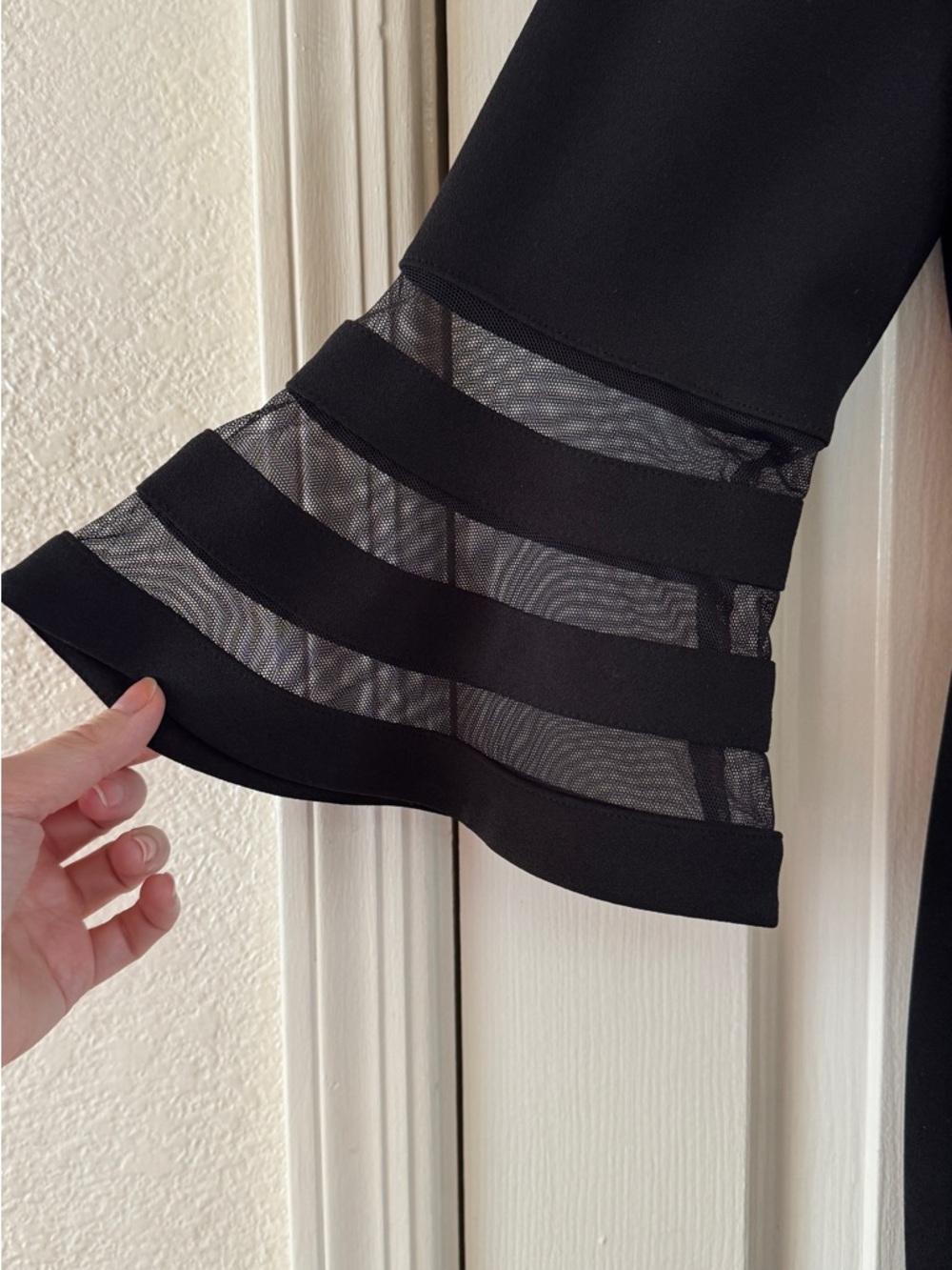Calvin Klein Black Midi Dress with Sheer Stripe Panels and Bell Sleeves - Picture 7 of 11